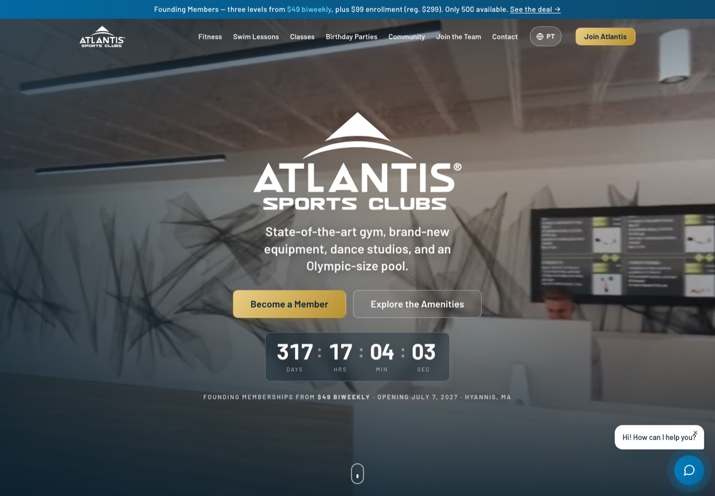 Atlantis Sports Clubs presale homepage — founding membership offer with countdown to opening