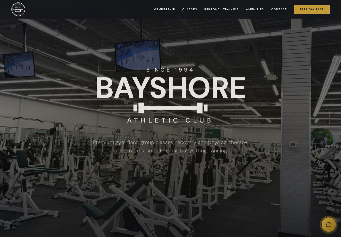 Bayshore Athletic Club homepage — dark hero over the gym floor with a free day pass call to action